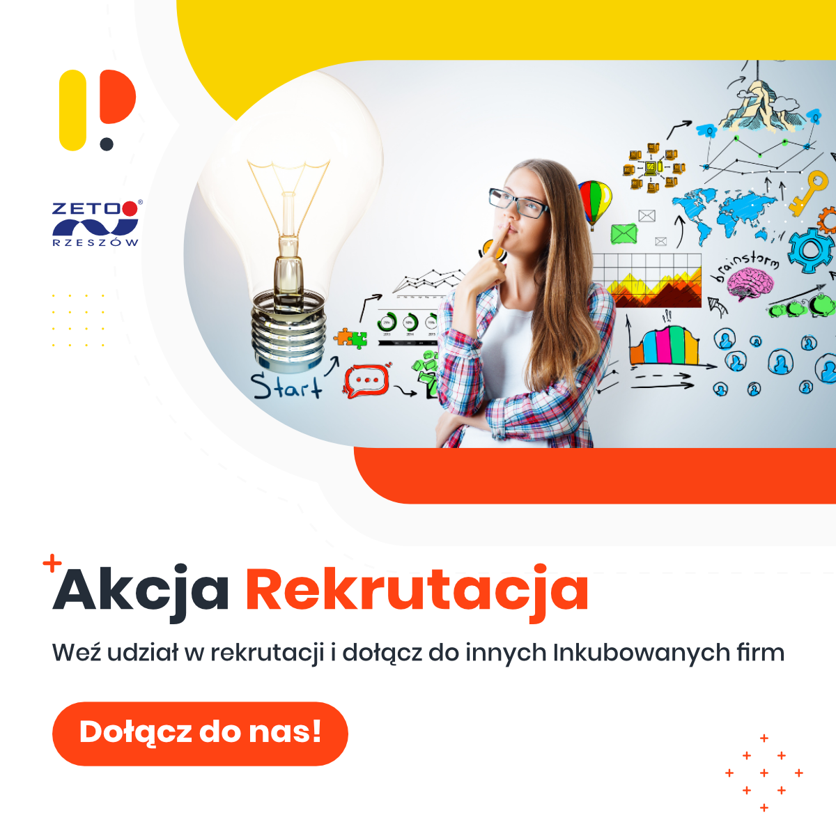 Na środku dziewczyna z długimi włosami, z lewej strony logo ZETO RZESZÓW, u góry żółty pasek, u dołu czerwony pasek