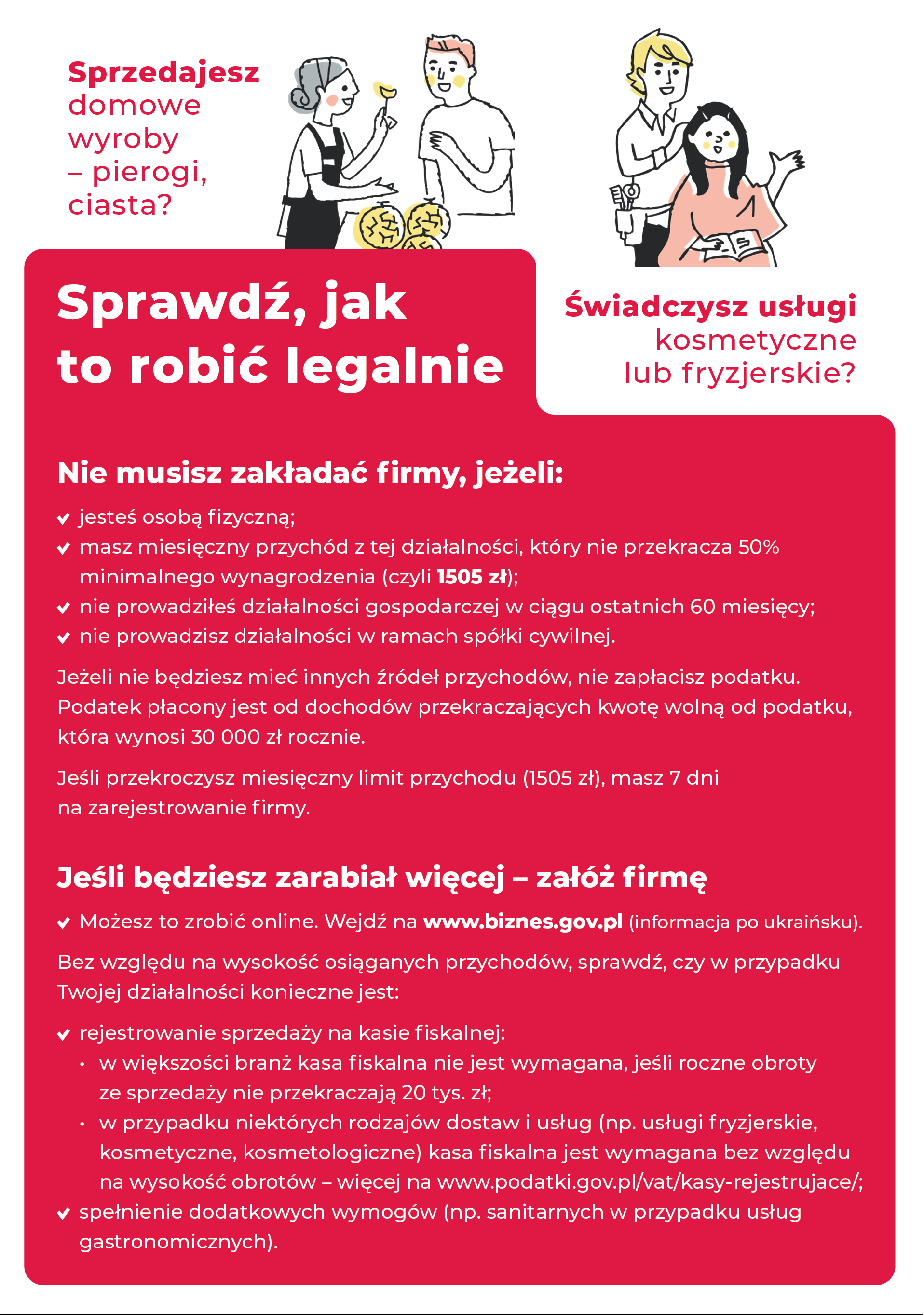Ulotka informacyjna. Napisy białe na czerwonym tle.
U góry rysunki. Na jednym z nich, kobieta coś podaje mężczyźnie, a na drugim fryzjerka, świadcząca usługi fryzjerskie.