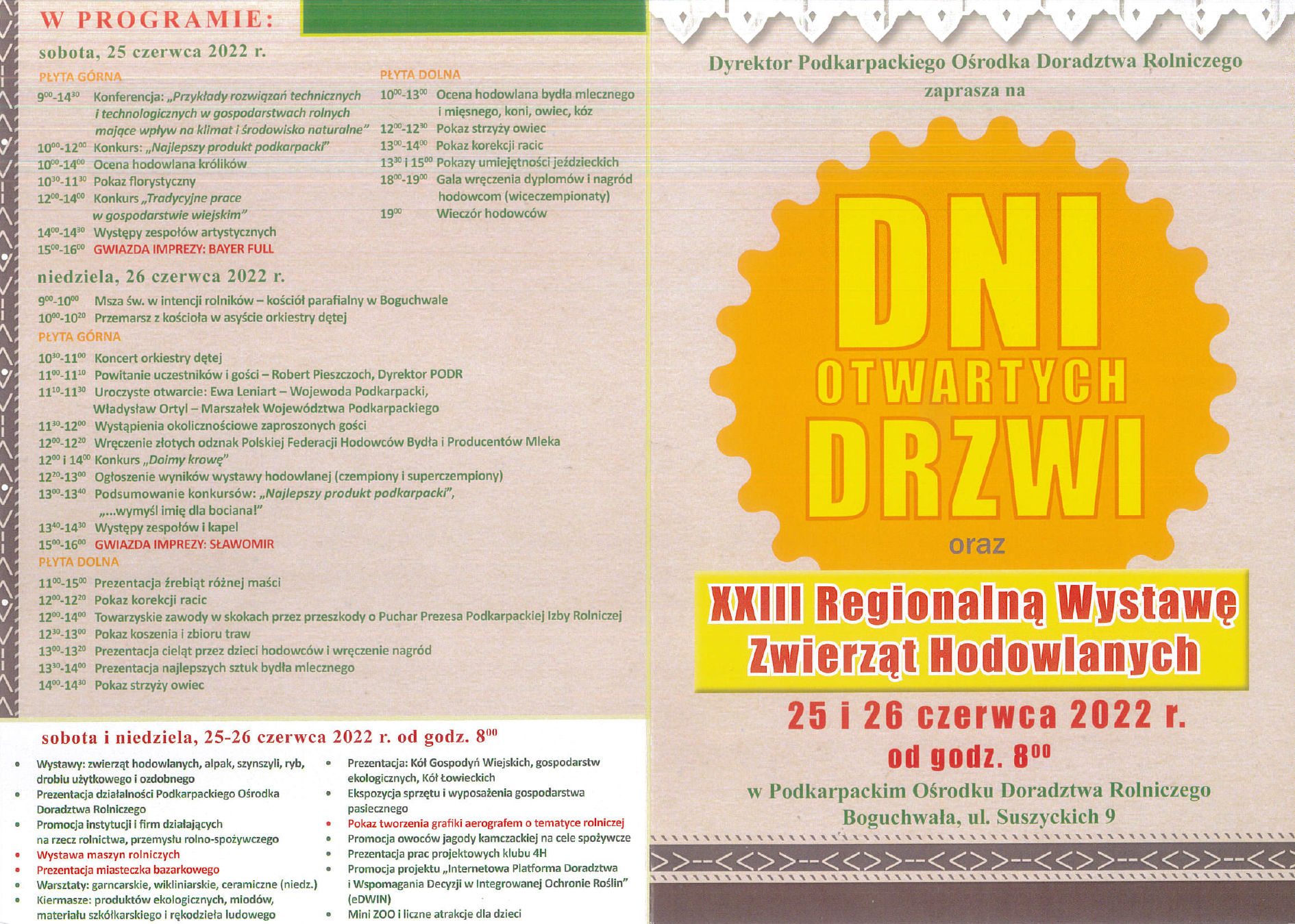 Plakat w którym Dyrektor Podkarpackiego Ośrodka Doradztwa Rolniczego zaprasza na DNI OTWARTYCH DRZWI oraz XXIII Regionalną Wystawę Zwierząt Hodowlanych wraz z programem