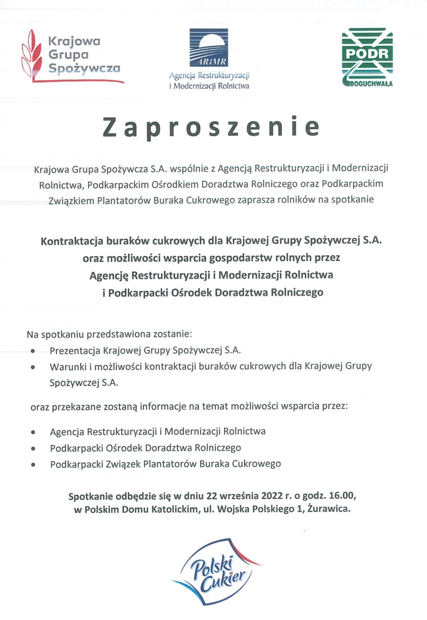 Zaproszenie dla rolników na spotkanie "Kontraktacja buraków cukrowych