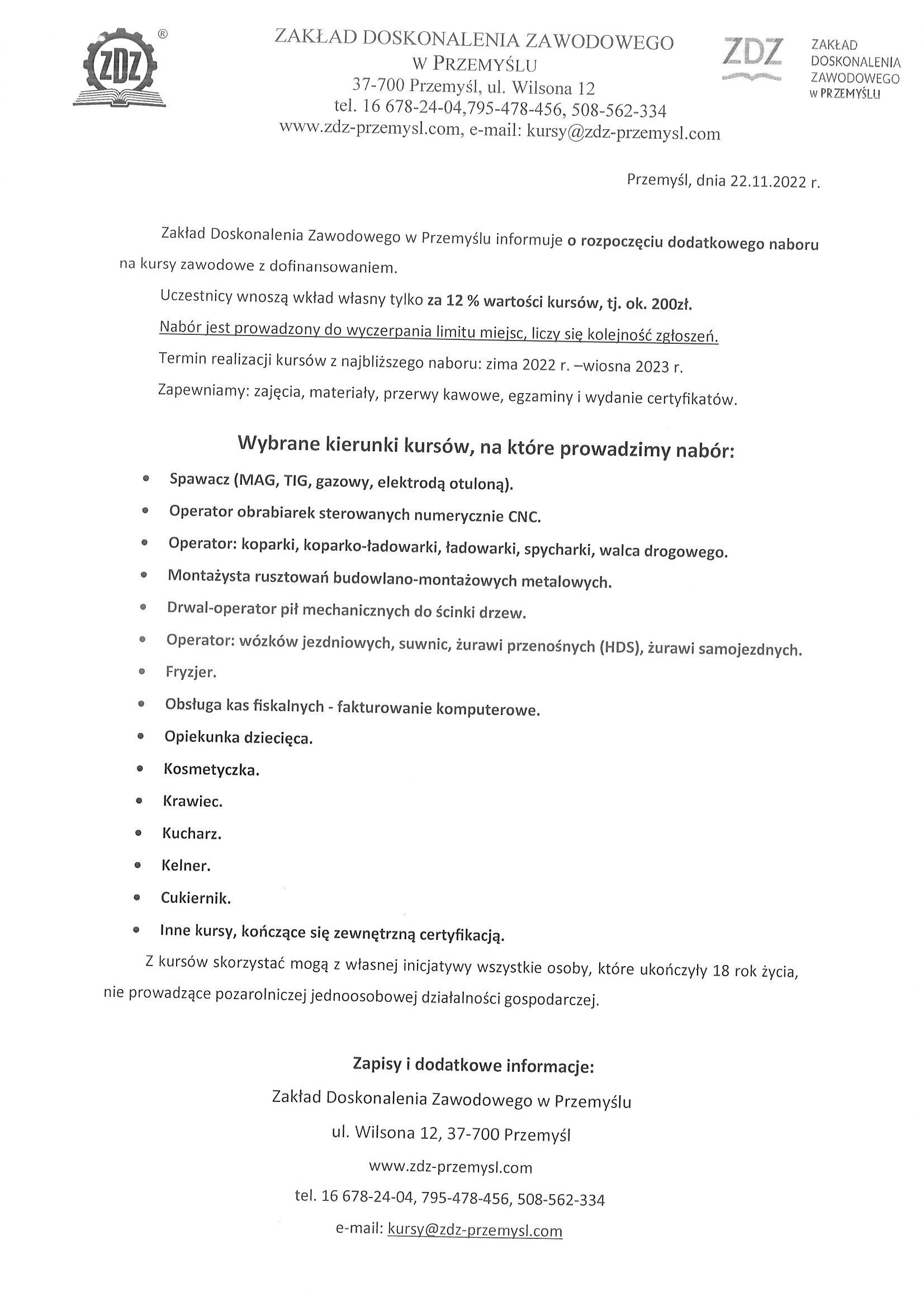 Informacja Zakładu Doskonalenia Zawodowego w Przemyślu o rozpoczęciu dodatkowego naboru na kursy zawodowe z dofinansowaniem.