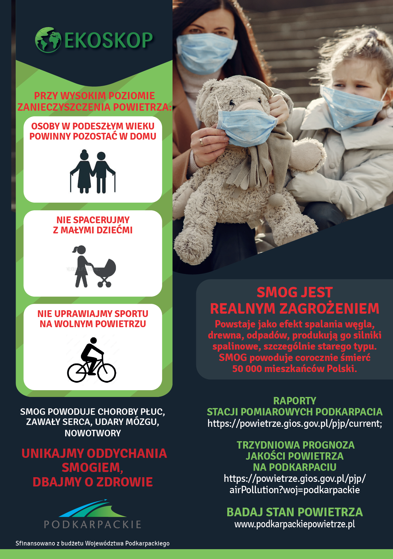 Plakat przedstawia kobietę i dziecko które trzymają misia. Wszyscy mają założone maseczki na usta i nos.
Po lewej stronie plakatu znajdują się następujące piktogramy: osób w podeszłym wieku z napisem - "osoby w podeszłym wieku powinny pozostać w domu", piktogram kobiety prowadzącej wózek dziecięcy z napisem - "nie spacerujemy z małymi dziećmi", piktogram rowerzysty z napisem - "nie uprawiajmy sportu na wolnym powietrzu.
Pod spodem napis Smog powoduje choroby płuc, zawały serca, udary mózgu, nowotwory. Unikajmy oddychania smogiem, dbajmy o zdrowie. 
Smog jest realnym zagrożeniem. Powstaje jako efekt spalania węgla, drewna, odpadów, produkują go silniki spalinowe, szczególnie starego typu. SMOG powoduje corocznie śmierć 50000 mieszkańców Polski.